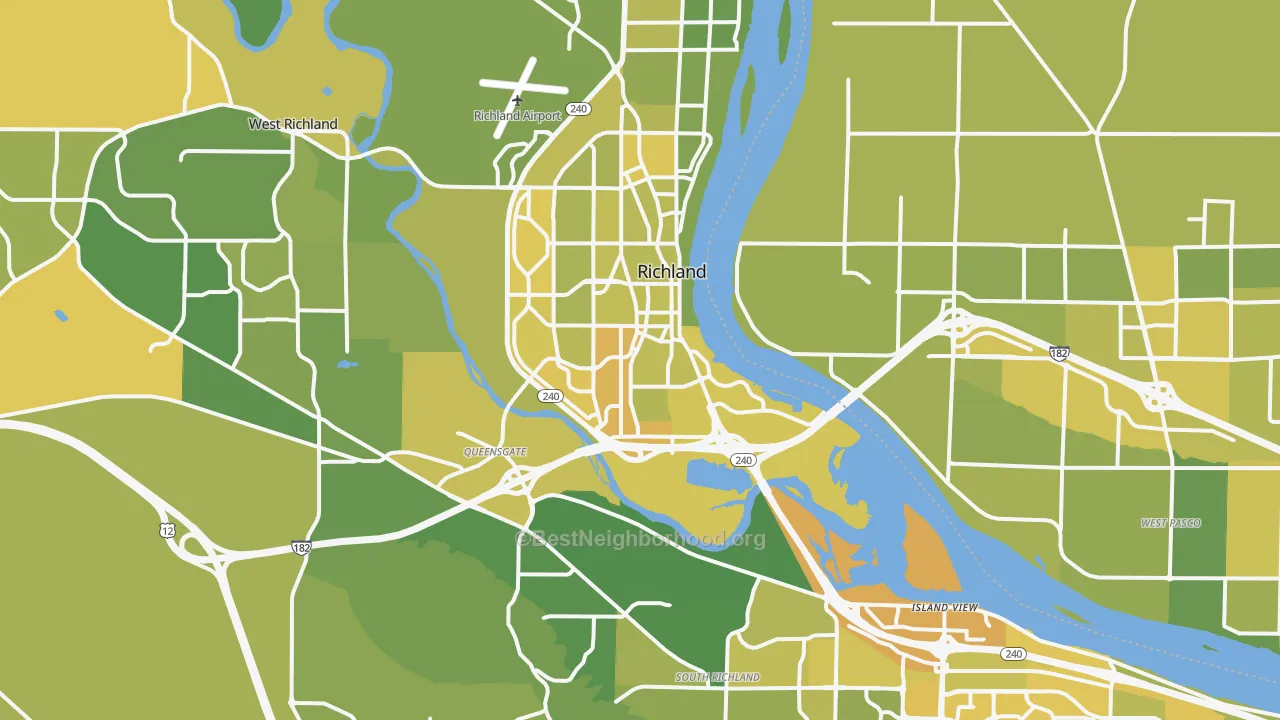 Map of the best neighborhoods in the Richland area, with better matches in green and worse matches in red