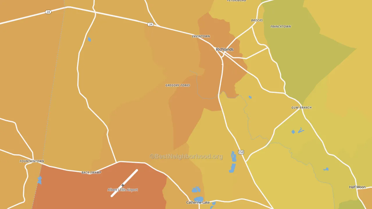 Map of the best neighborhoods in the Richlands area, with better matches in green and worse matches in red
