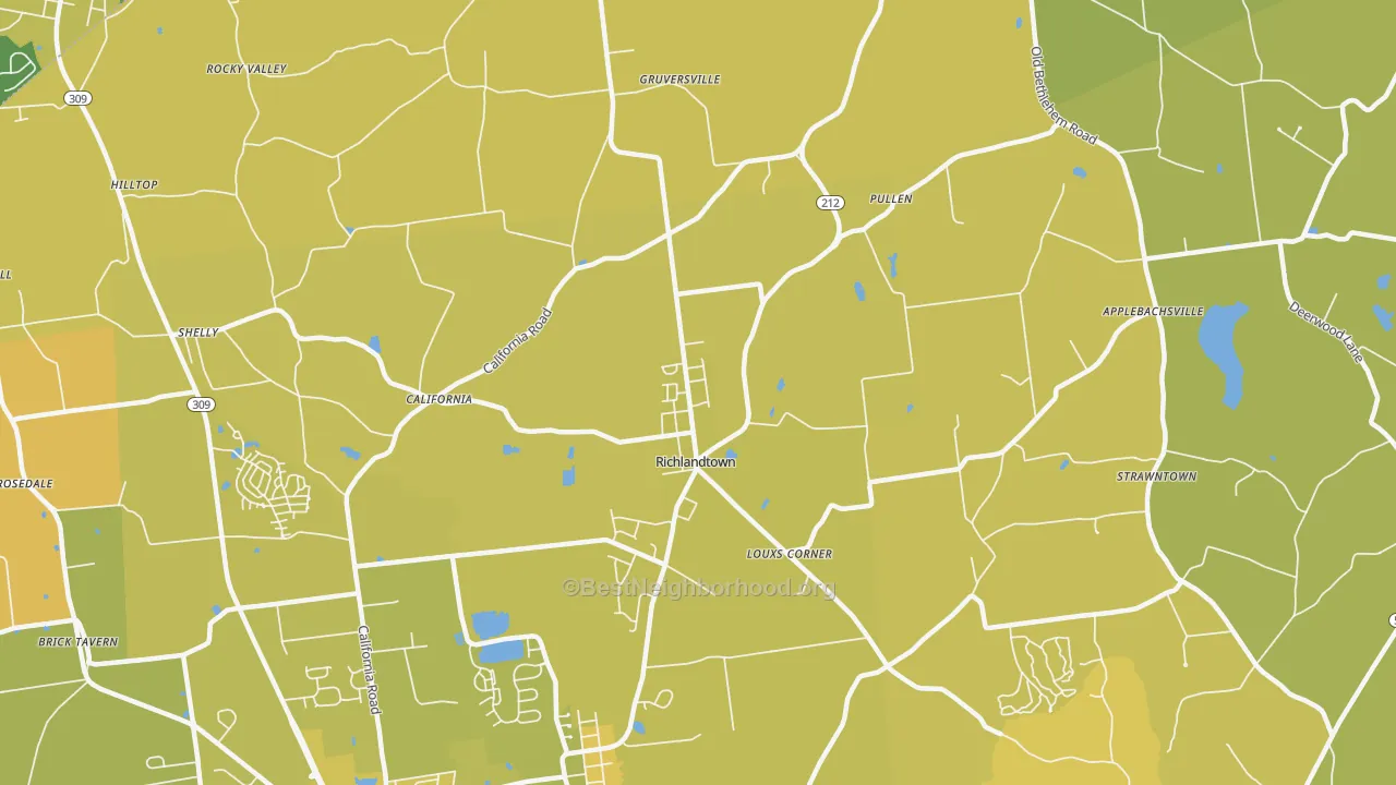Map of the best neighborhoods in the Richlandtown area, with better matches in green and worse matches in red