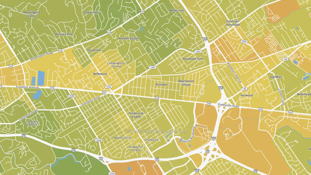 Map of the best neighborhoods in the Richlawn area, with better matches in green and worse matches in red