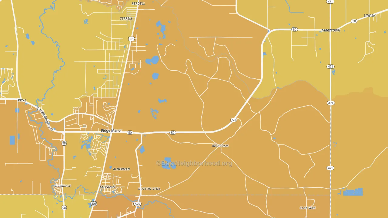 Map of the best neighborhoods in the Richloam area, with better matches in green and worse matches in red