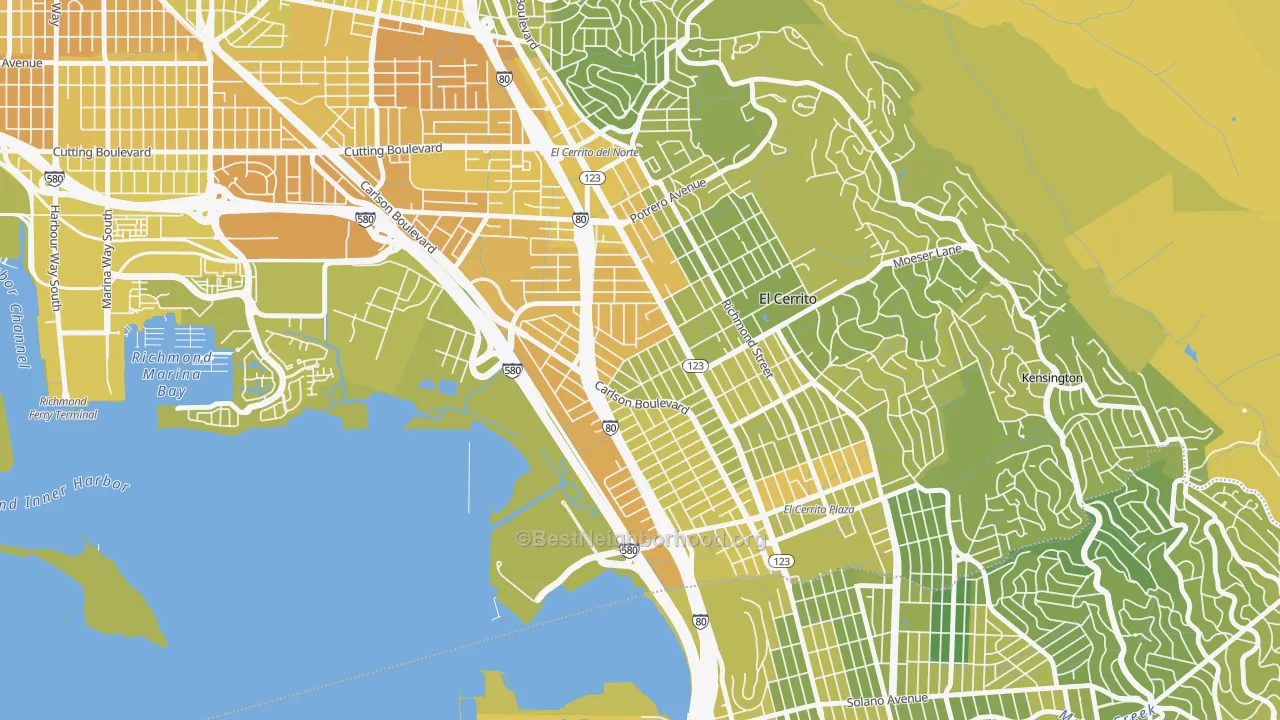 Map of the best neighborhoods in the Richmond Annex, Richmond area, with better matches in green and worse matches in red