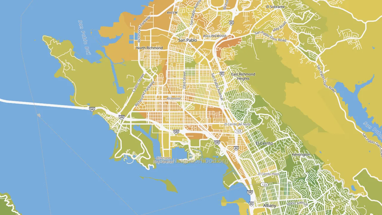 Map of the best neighborhoods in the Richmond area, with better matches in green and worse matches in red