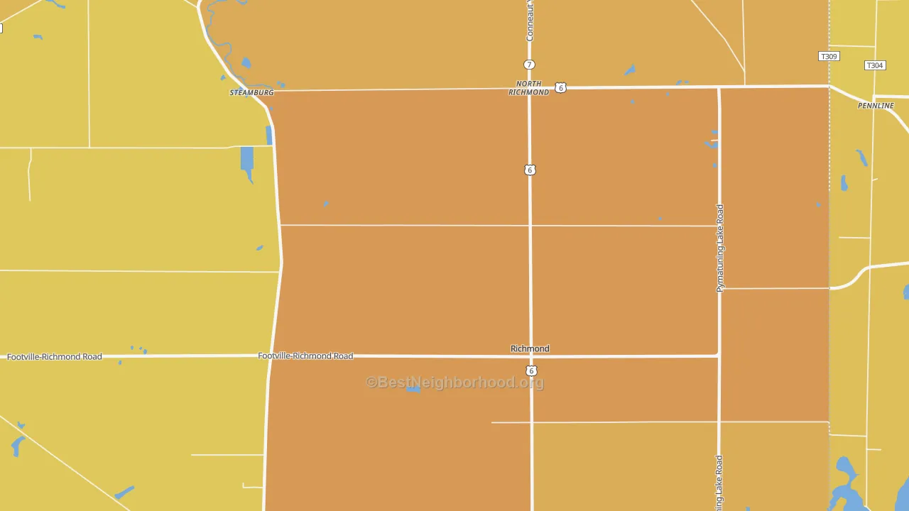 Map of the best neighborhoods in the Richmond Center area, with better matches in green and worse matches in red
