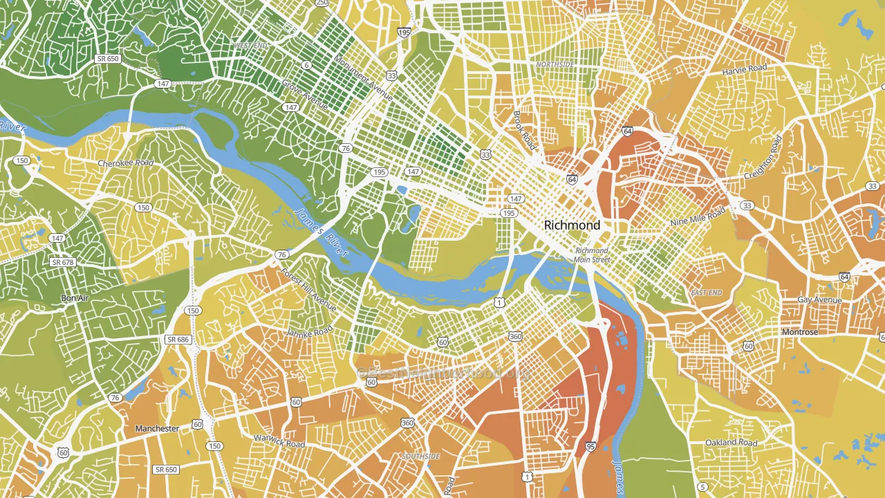 Map of the best neighborhoods in the Richmond City area, with better matches in green and worse matches in red