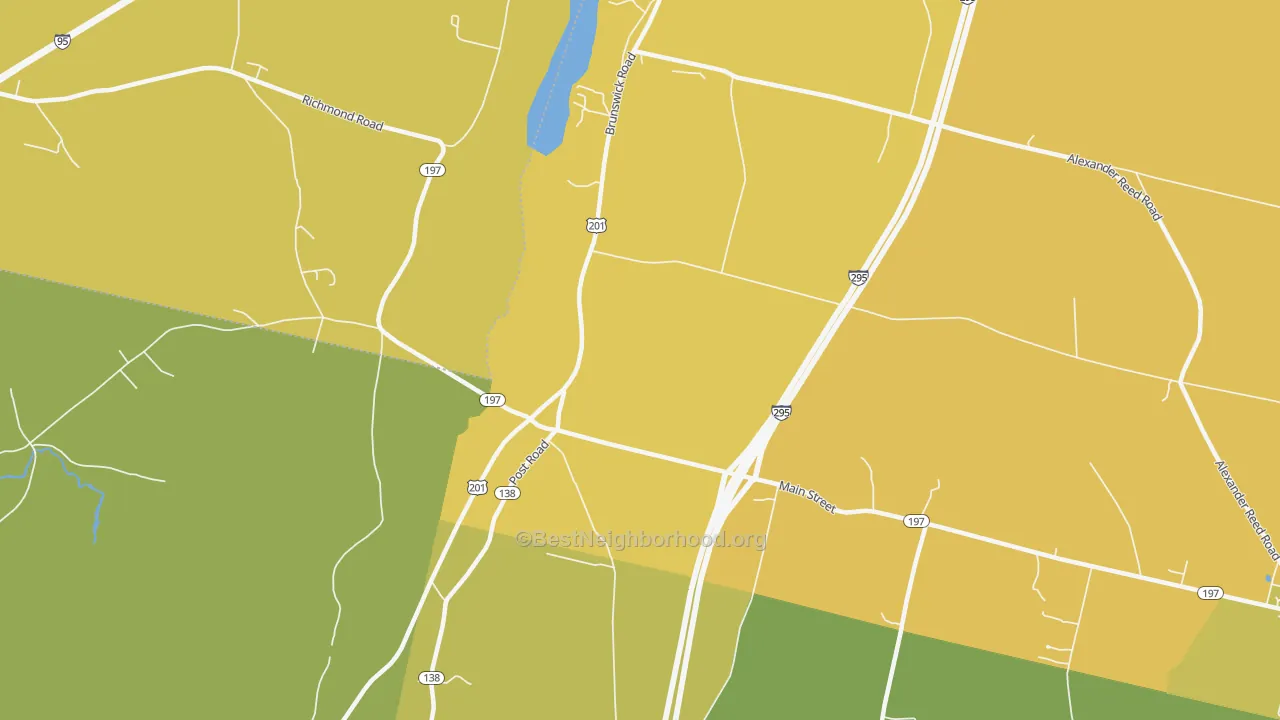 Map of the best neighborhoods in the Richmond Corner area, with better matches in green and worse matches in red