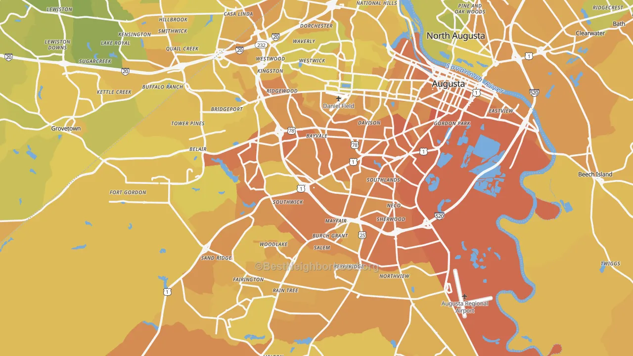 Map of the best neighborhoods in the Richmond County area, with better matches in green and worse matches in red