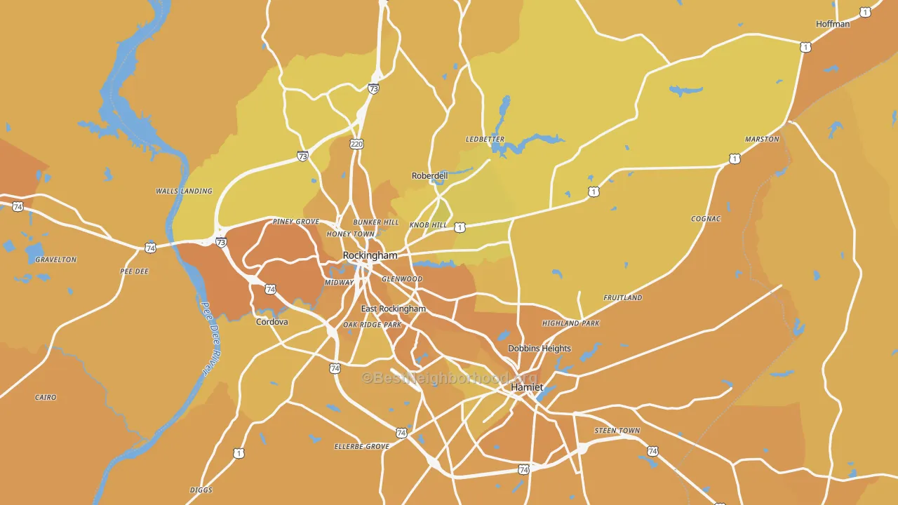 Map of the best neighborhoods in the Richmond County area, with better matches in green and worse matches in red
