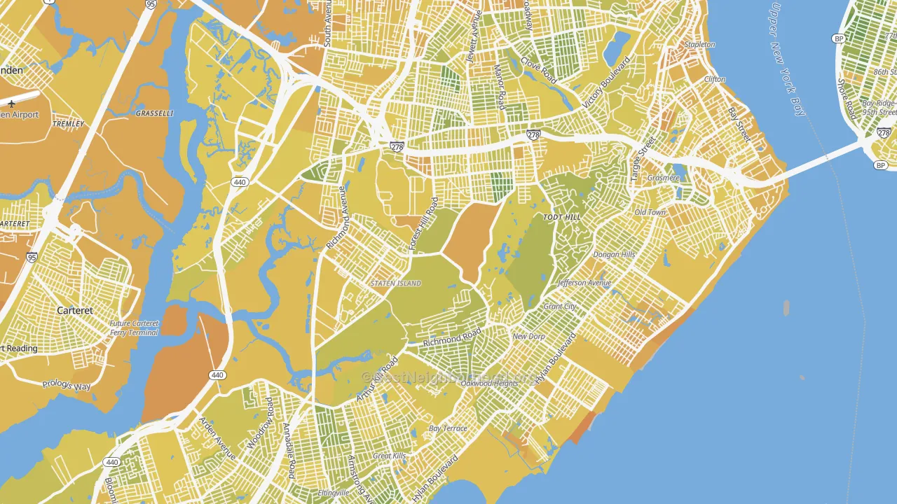 Map of the best neighborhoods in the Richmond County area, with better matches in green and worse matches in red