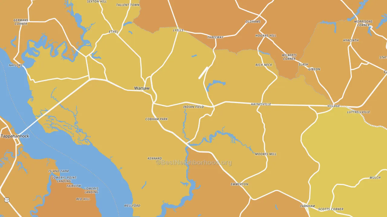Map of the best neighborhoods in the Richmond County area, with better matches in green and worse matches in red