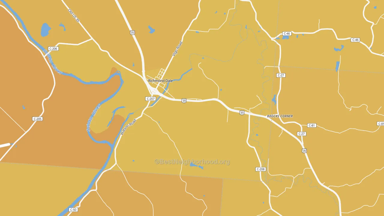Map of the best neighborhoods in the Richmond Dale area, with better matches in green and worse matches in red