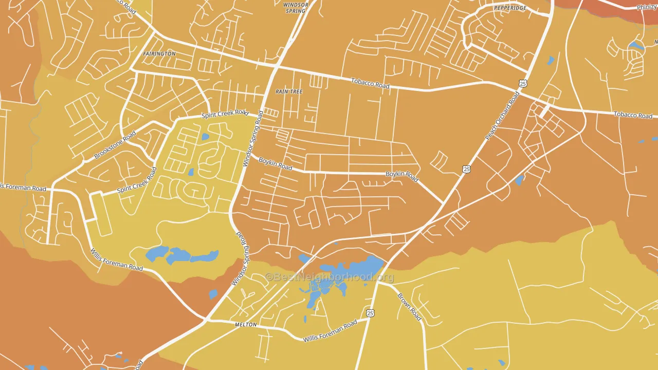 Map of the best neighborhoods in the Richmond Factory, Augusta area, with better matches in green and worse matches in red