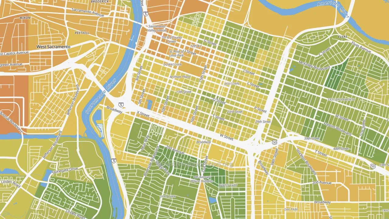 Map of the best neighborhoods in the Richmond Grove, Sacramento area, with better matches in green and worse matches in red