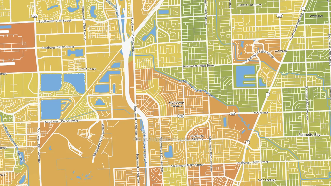 Map of the best neighborhoods in the Richmond Heights area, with better matches in green and worse matches in red