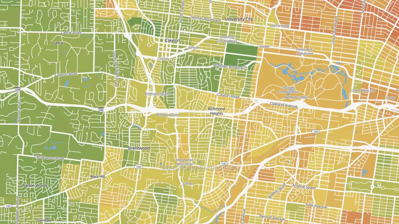 Map of the best neighborhoods in the Richmond Heights area, with better matches in green and worse matches in red