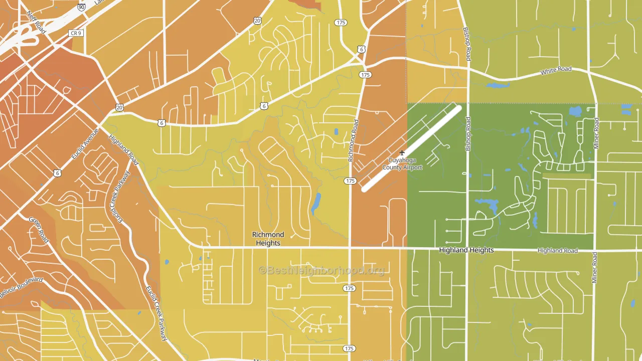 Map of the best neighborhoods in the Richmond Heights area, with better matches in green and worse matches in red