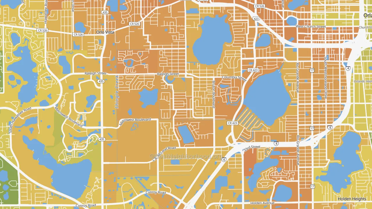 Map of the best neighborhoods in the Richmond Heights-Orlando, Orlando area, with better matches in green and worse matches in red