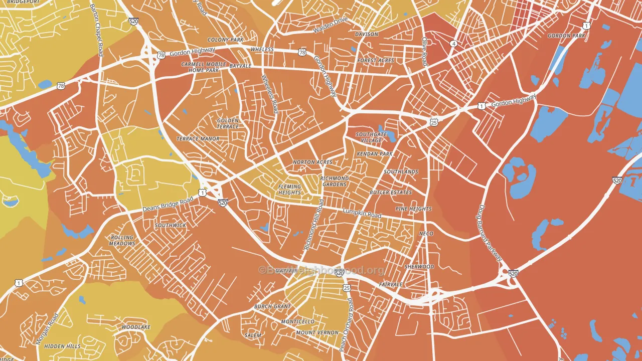 Map of the best neighborhoods in the Richmond Hill, Augusta area, with better matches in green and worse matches in red