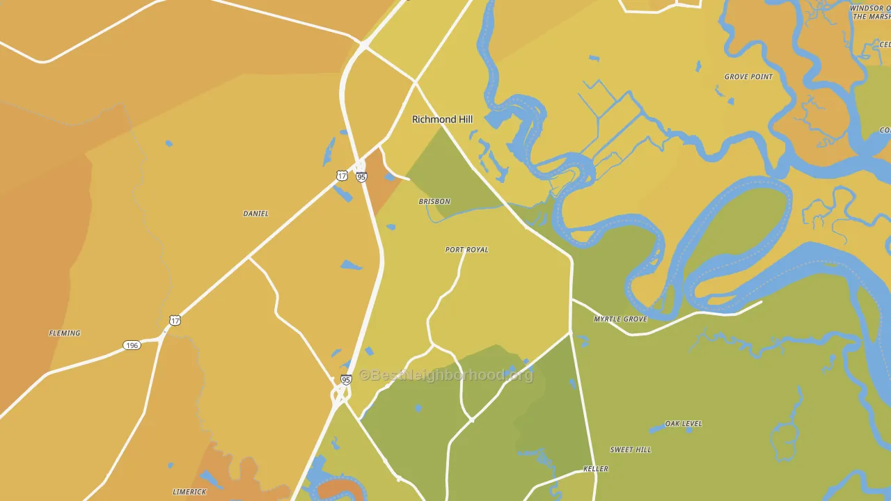 Map of the best neighborhoods in the Richmond Hill area, with better matches in green and worse matches in red