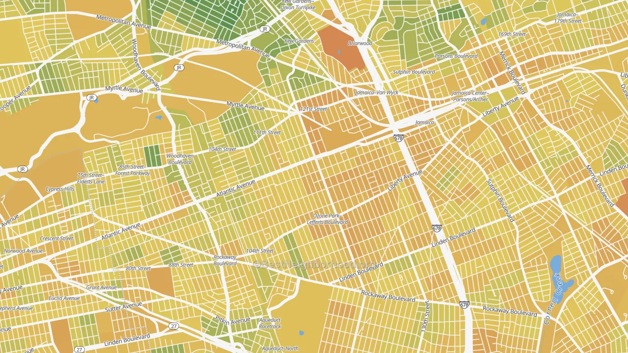 Map of the best neighborhoods in the Richmond Hill, Queens area, with better matches in green and worse matches in red