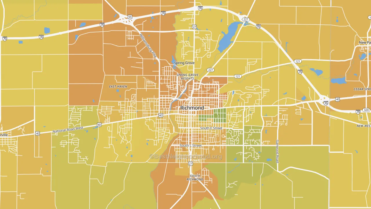 Map of the best neighborhoods in the Richmond area, with better matches in green and worse matches in red