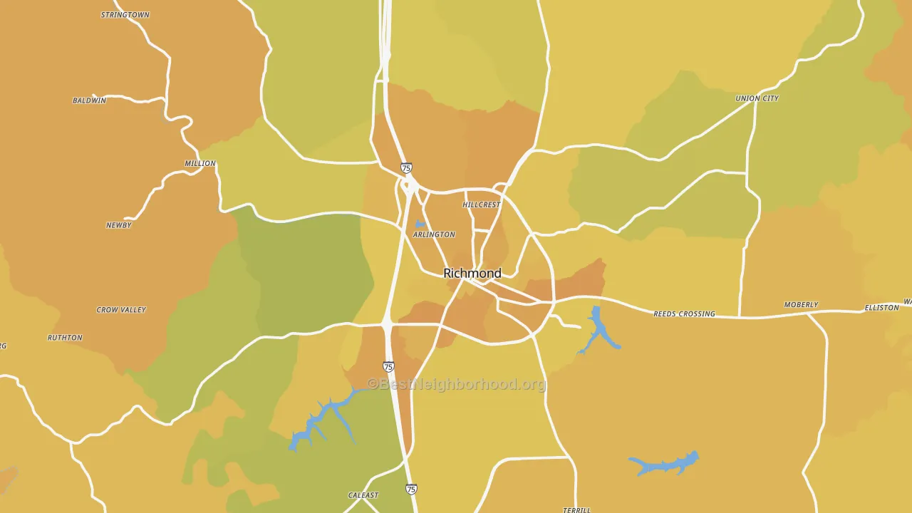 Map of the best neighborhoods in the Richmond area, with better matches in green and worse matches in red