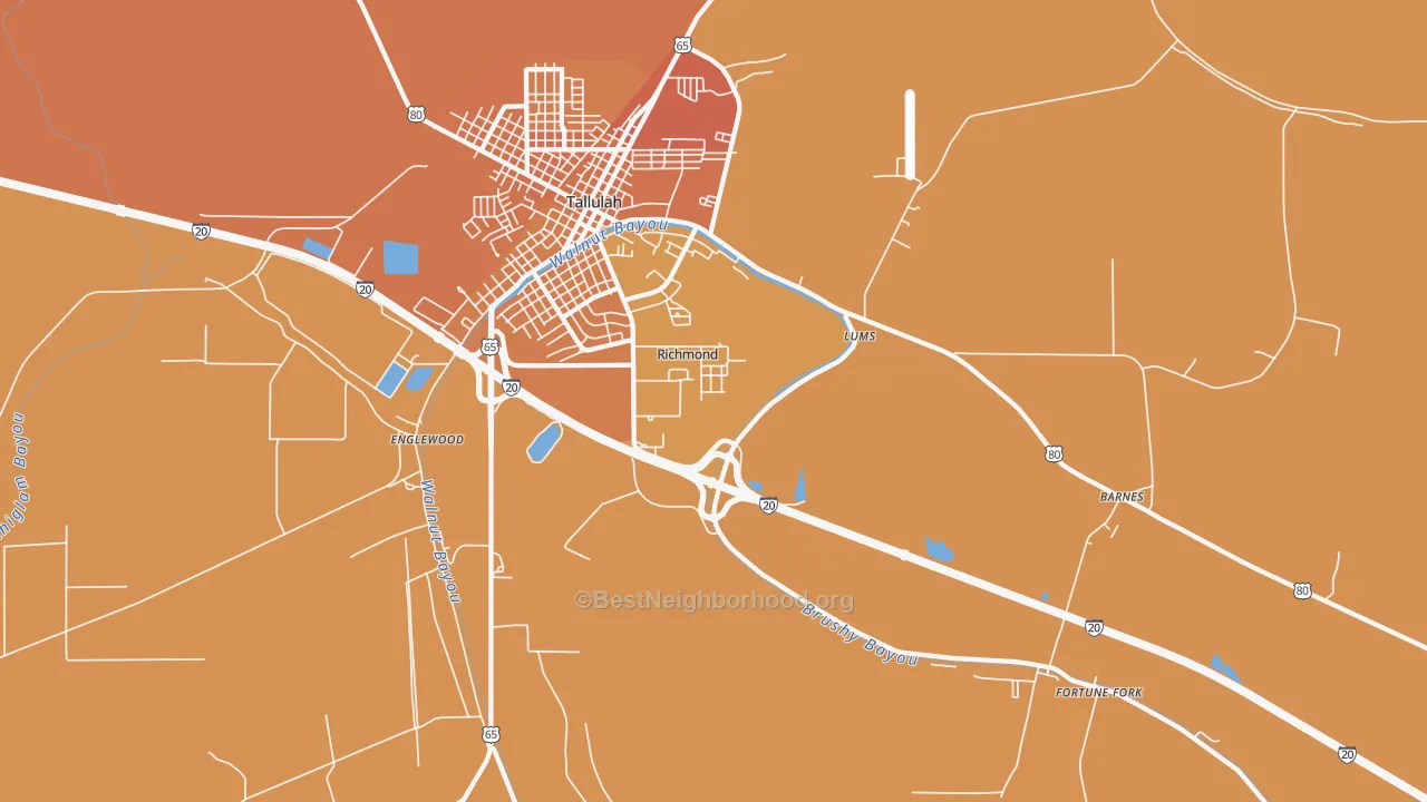 Map of the best neighborhoods in the Richmond area, with better matches in green and worse matches in red