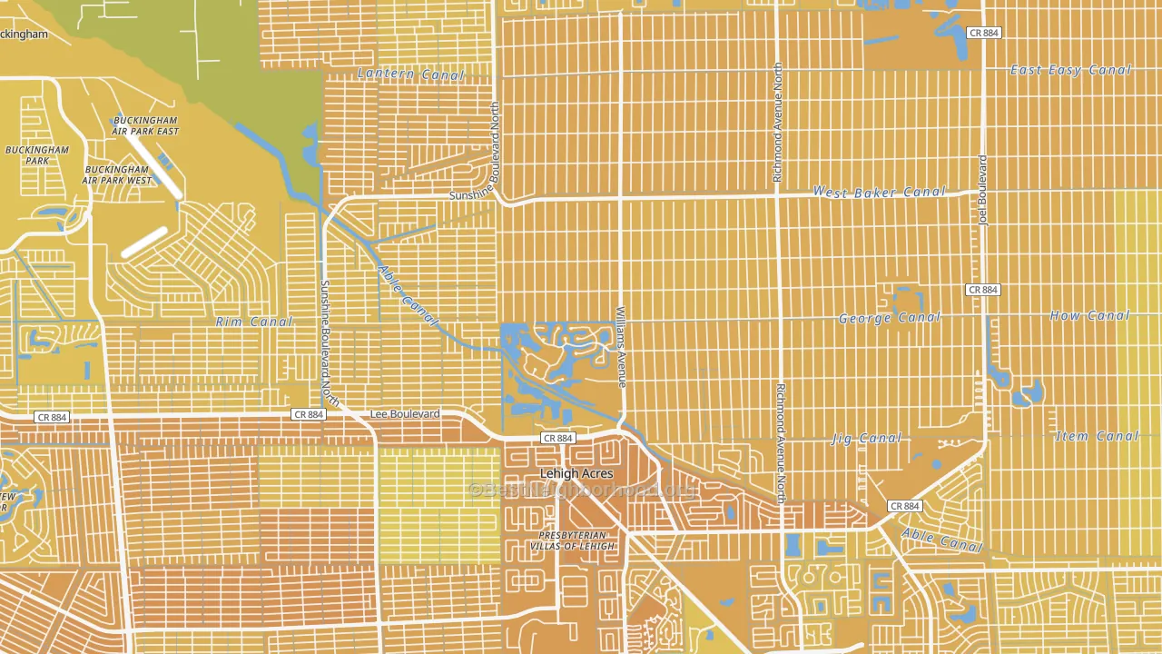 Map of the best neighborhoods in the Richmond, Lehigh Acres area, with better matches in green and worse matches in red