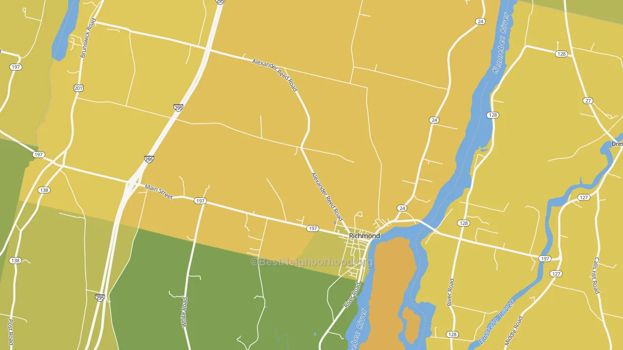 Map of the best neighborhoods in the Richmond area, with better matches in green and worse matches in red