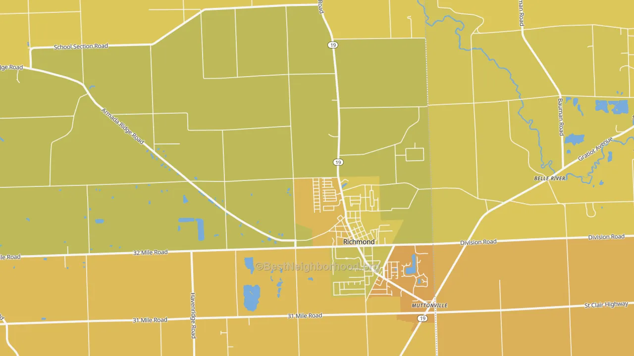 Map of the best neighborhoods in the Richmond area, with better matches in green and worse matches in red