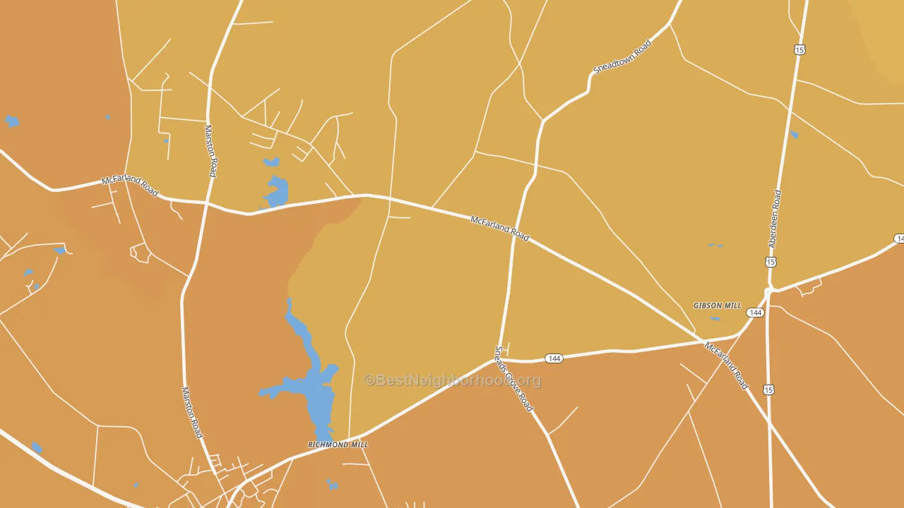 Map of the best neighborhoods in the Richmond Mills area, with better matches in green and worse matches in red