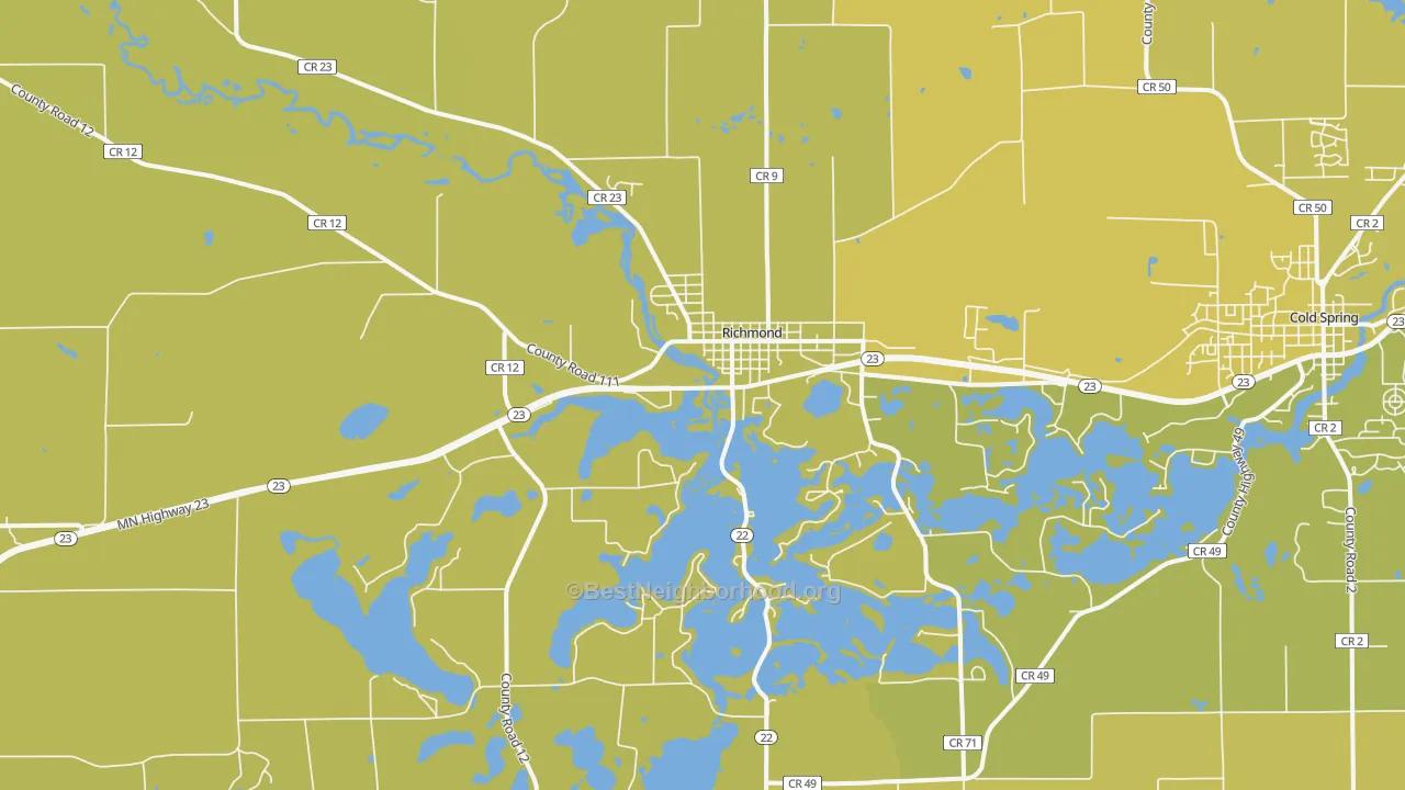 Map of the best neighborhoods in the Richmond area, with better matches in green and worse matches in red