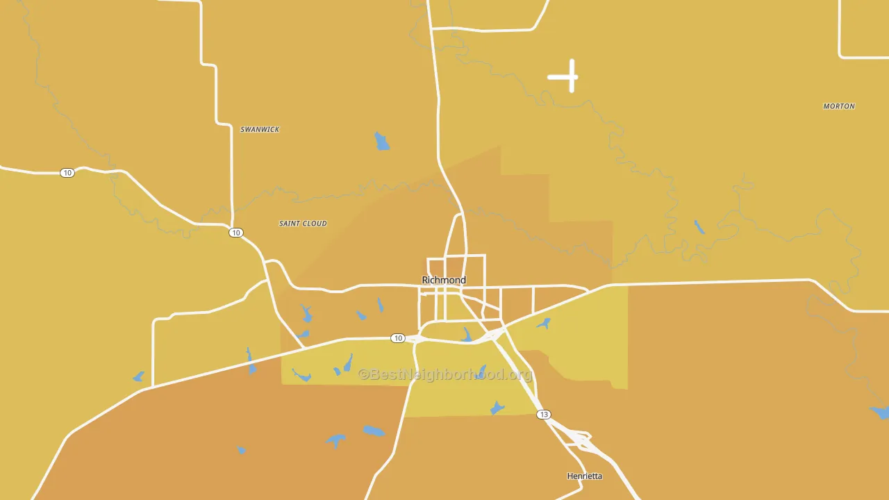 Map of the best neighborhoods in the Richmond area, with better matches in green and worse matches in red