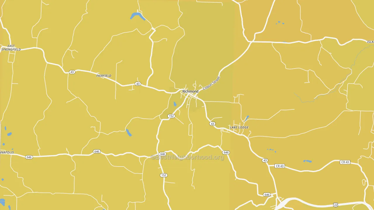 Map of the best neighborhoods in the Richmond area, with better matches in green and worse matches in red