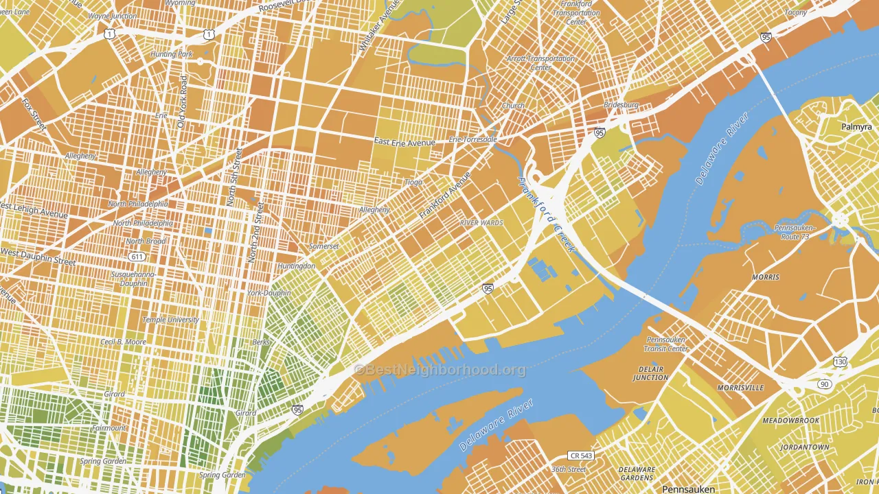 Map of the best neighborhoods in the Richmond, Philadelphia area, with better matches in green and worse matches in red