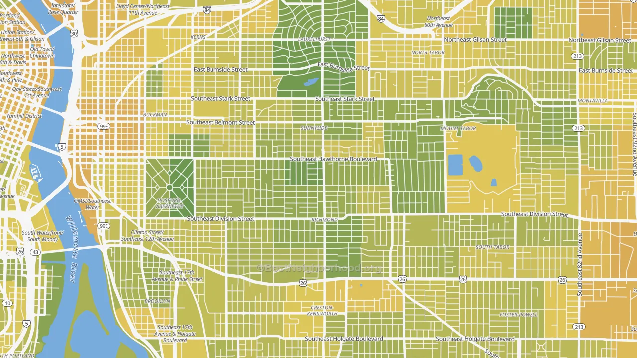 Map of the best neighborhoods in the Richmond, Portland area, with better matches in green and worse matches in red