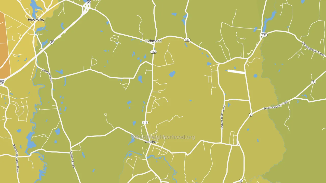 Map of the best neighborhoods in the Richmond area, with better matches in green and worse matches in red