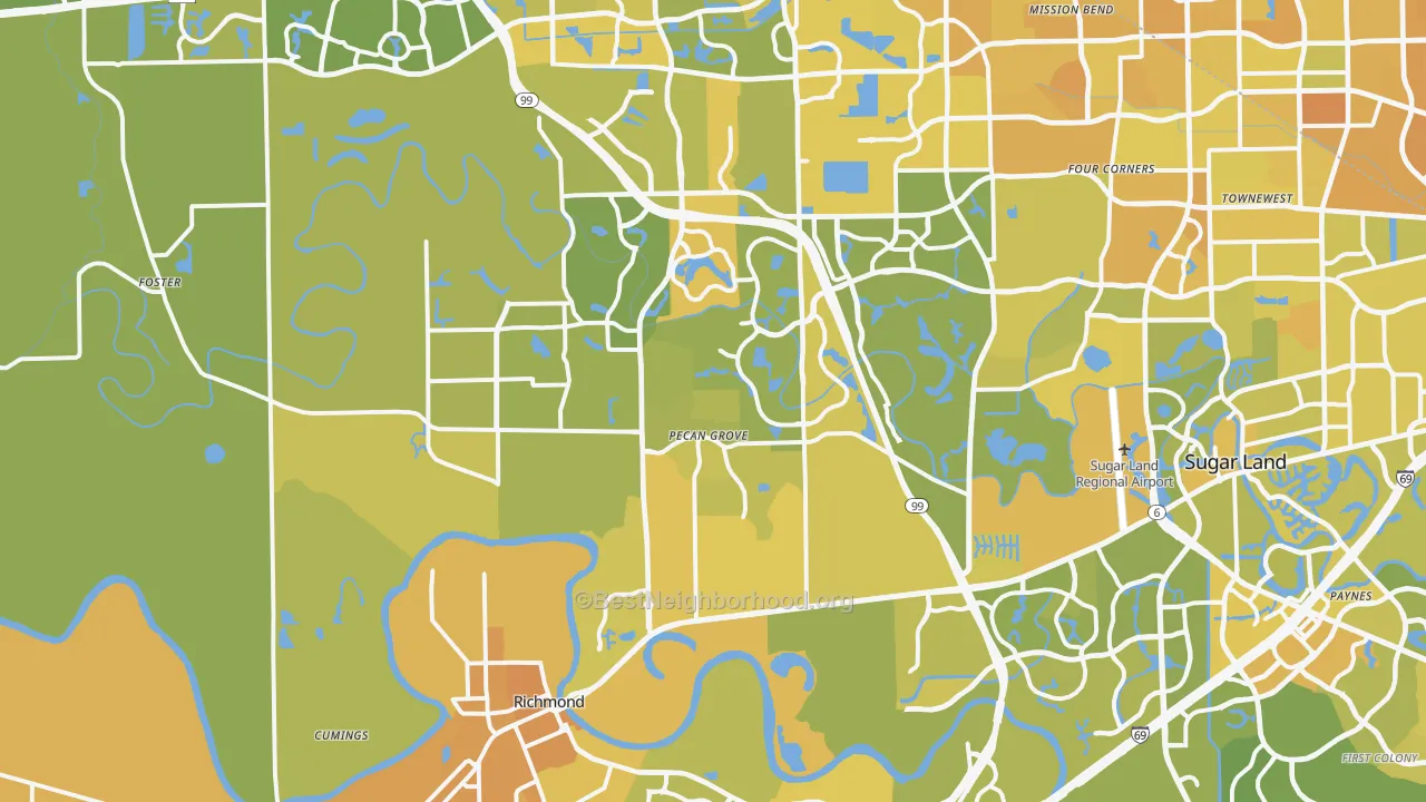 Map of the best neighborhoods in the Richmond area, with better matches in green and worse matches in red