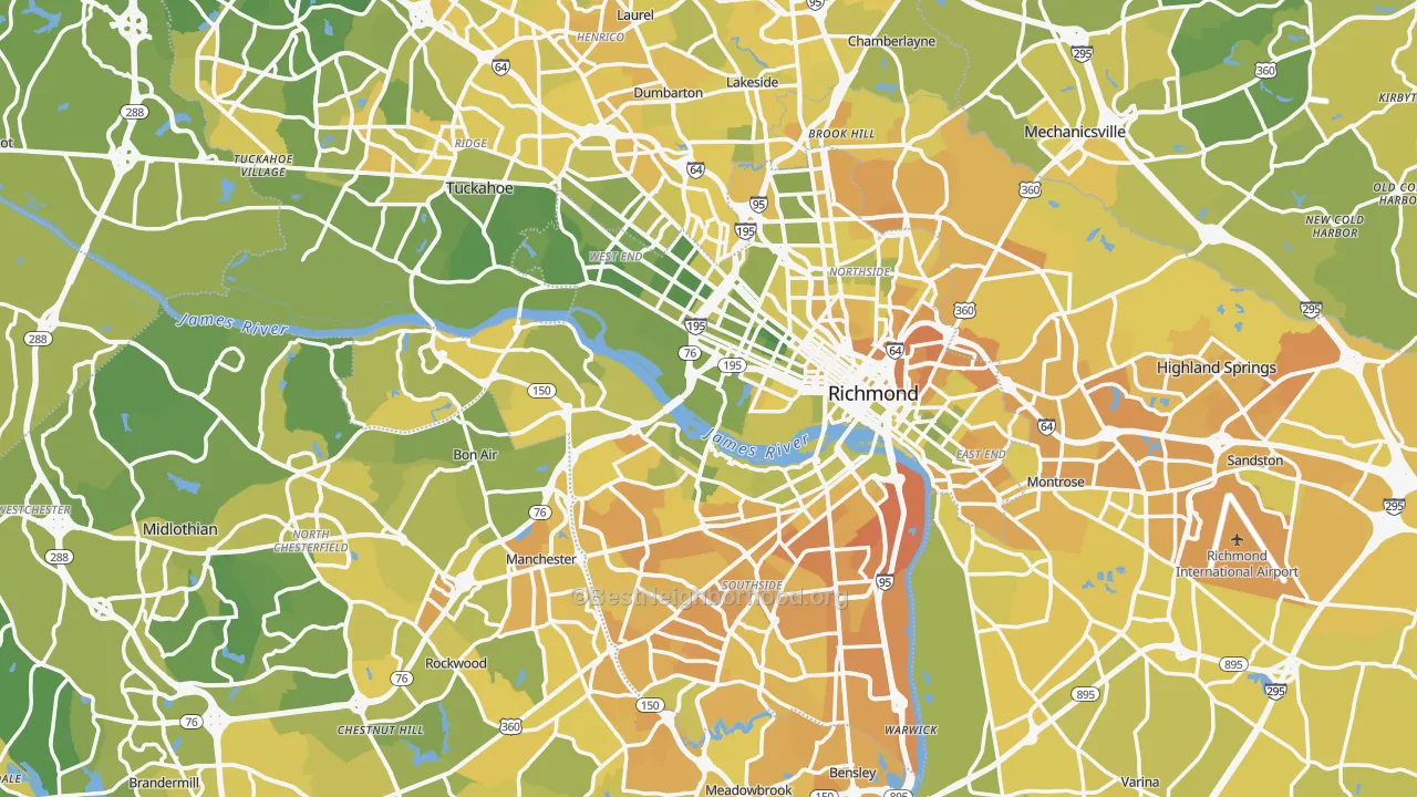 Map of the best neighborhoods in the Richmond Metro area, with better matches in green and worse matches in red