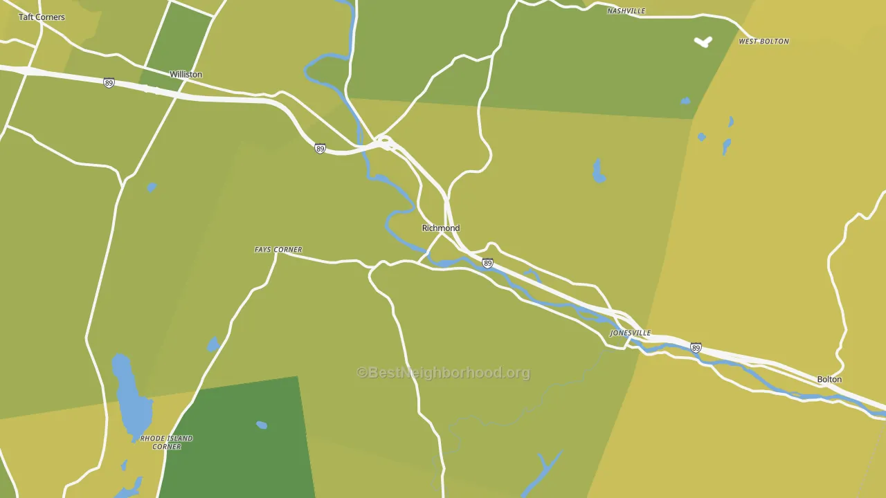 Map of the best neighborhoods in the Richmond area, with better matches in green and worse matches in red