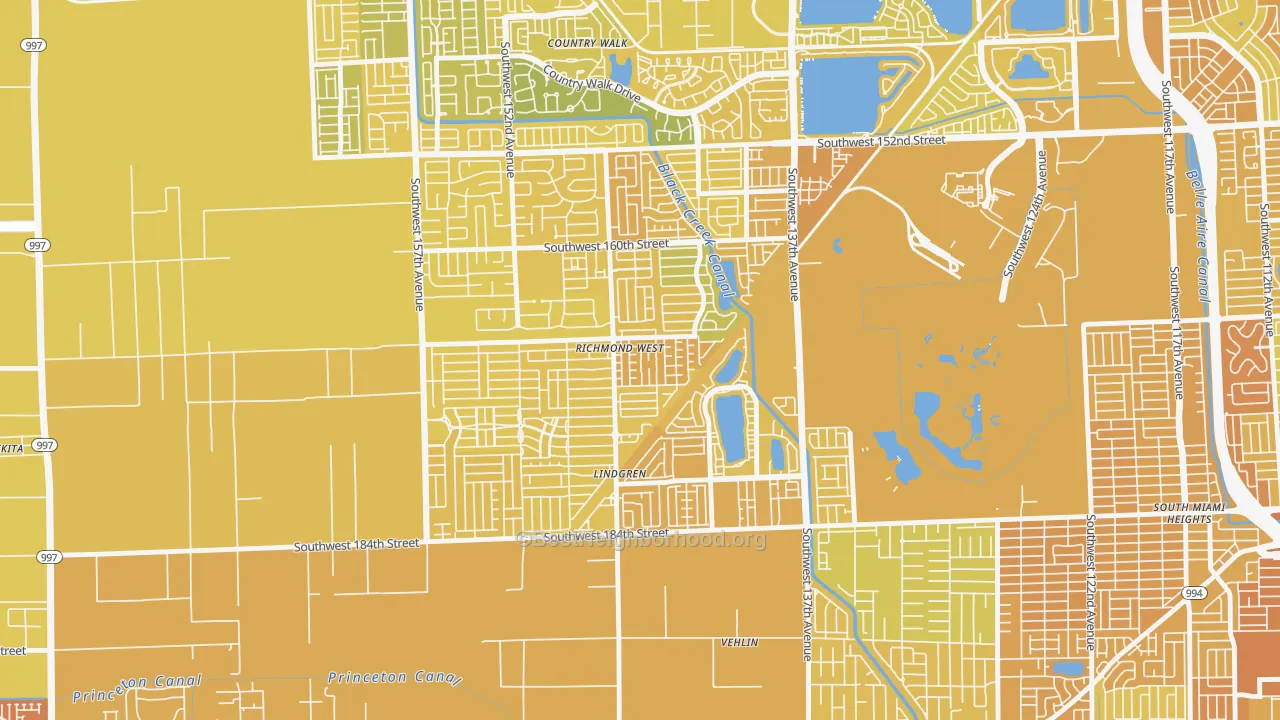 Map of the best neighborhoods in the Richmond West area, with better matches in green and worse matches in red