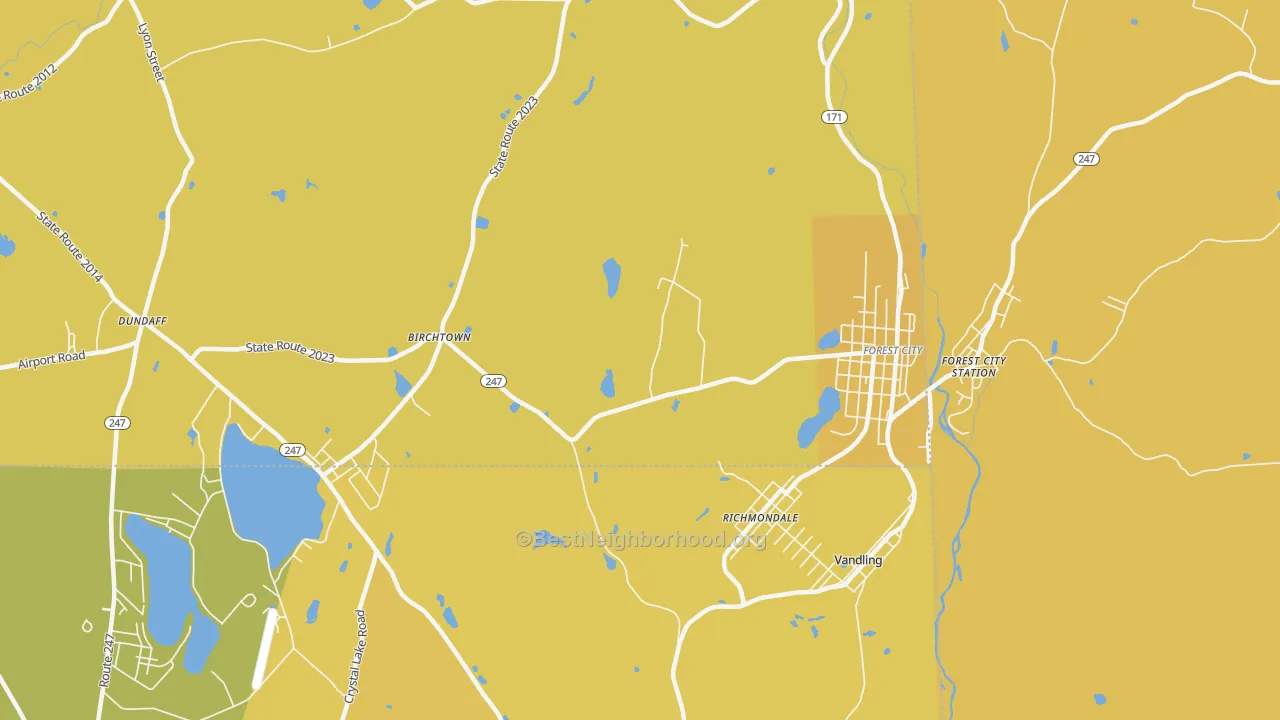 Map of the best neighborhoods in the Richmondale area, with better matches in green and worse matches in red