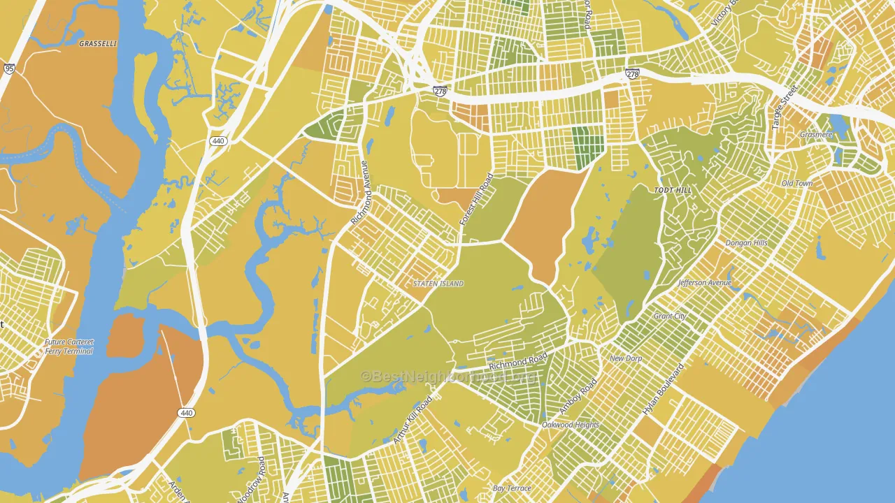 Map of the best neighborhoods in the Richmondtown, Staten Island area, with better matches in green and worse matches in red