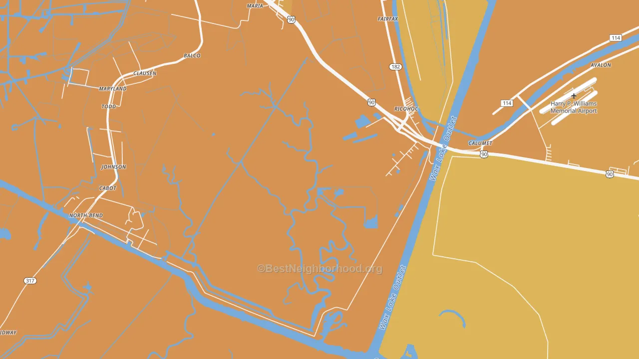 Map of the best neighborhoods in the Richohoc area, with better matches in green and worse matches in red