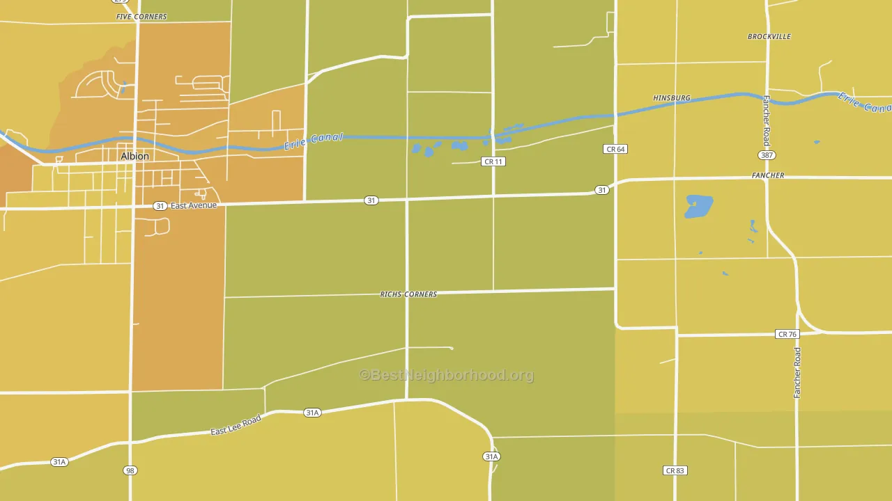 Map of the best neighborhoods in the Richs Corners area, with better matches in green and worse matches in red