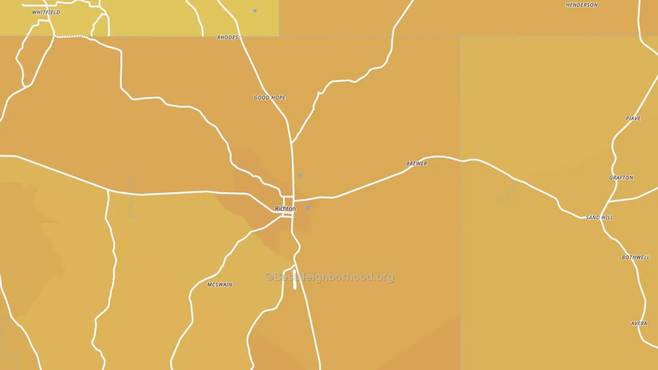 Map of the best neighborhoods in the Richton area, with better matches in green and worse matches in red