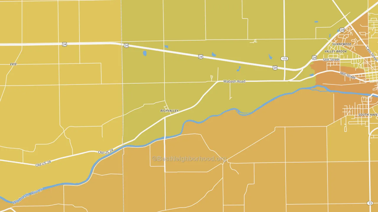 Map of the best neighborhoods in the Richvalley area, with better matches in green and worse matches in red