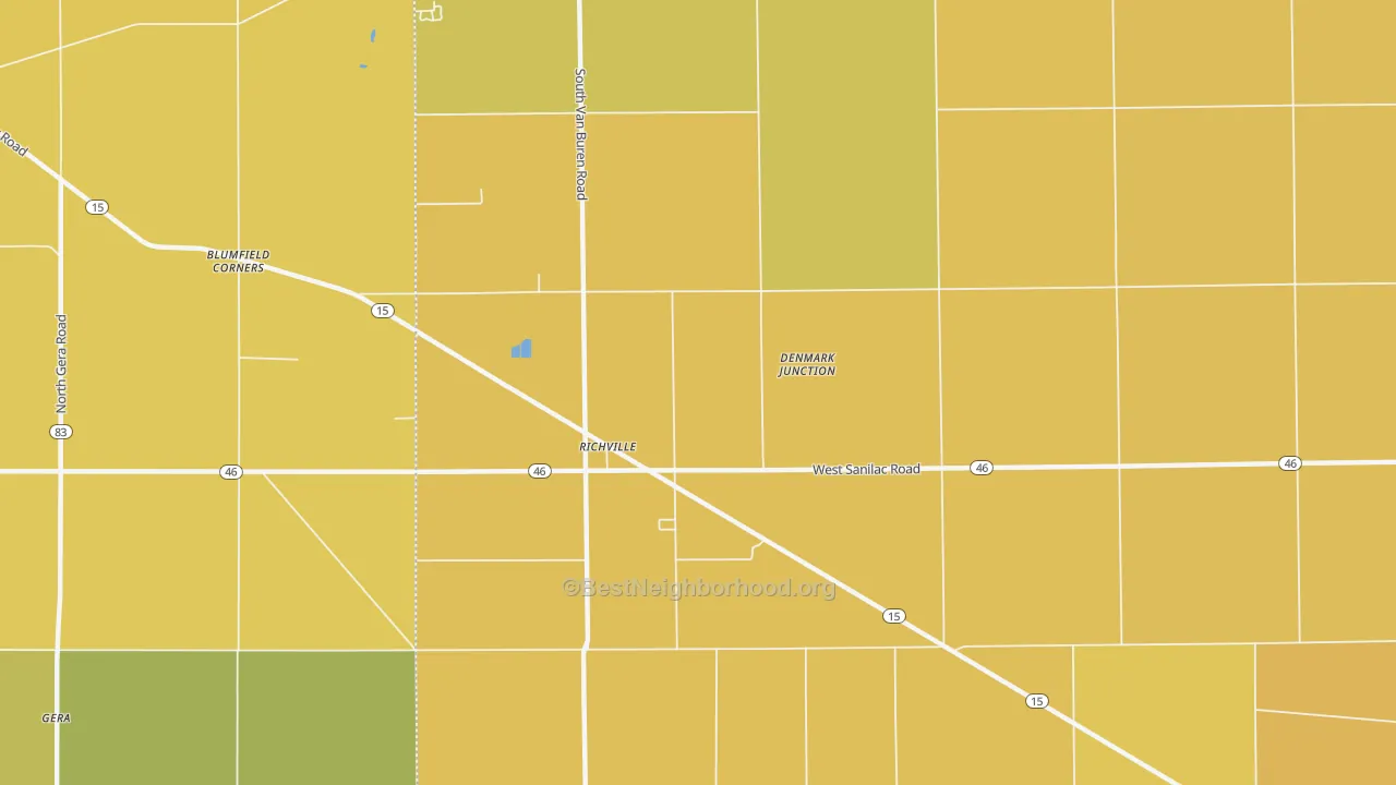 Map of the best neighborhoods in the Richville area, with better matches in green and worse matches in red