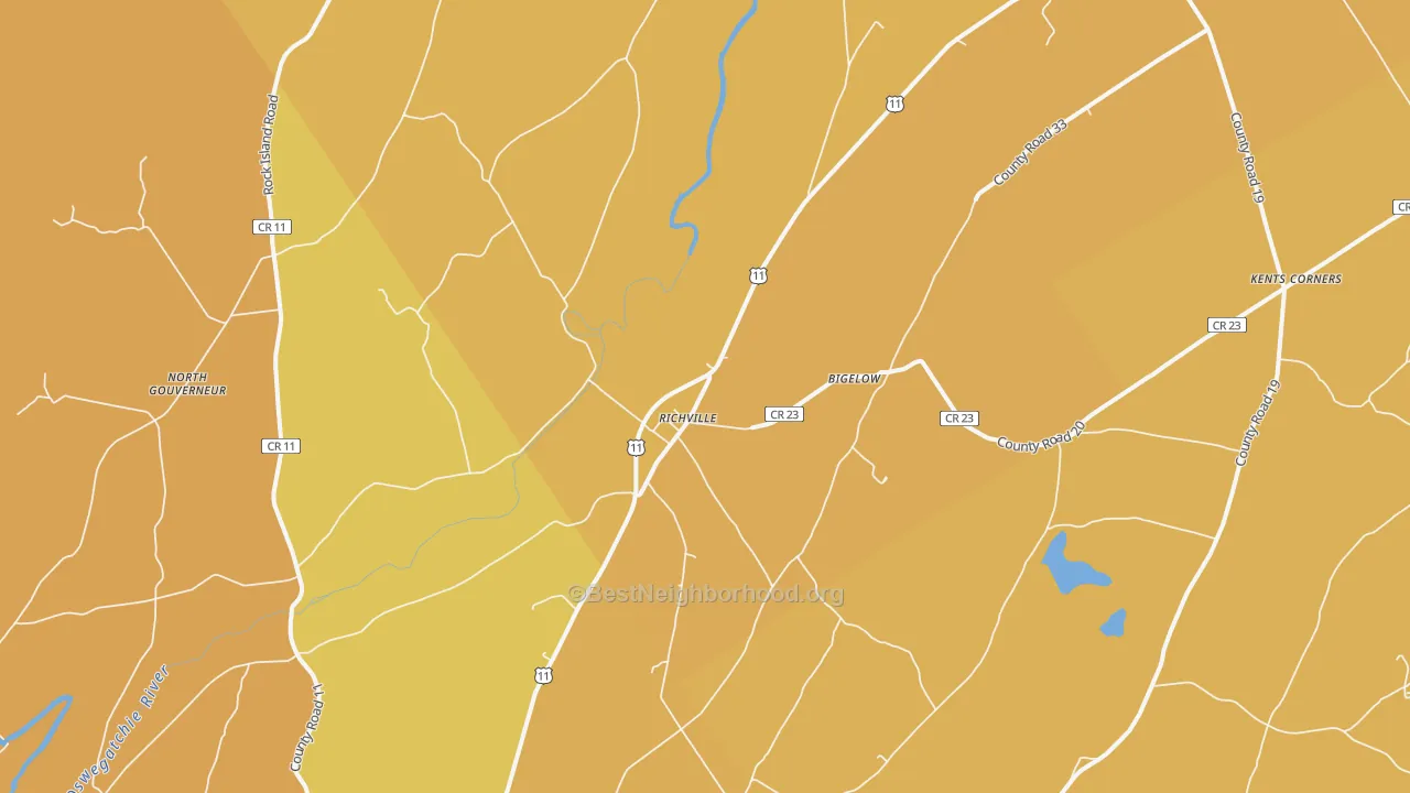 Map of the best neighborhoods in the Richville area, with better matches in green and worse matches in red