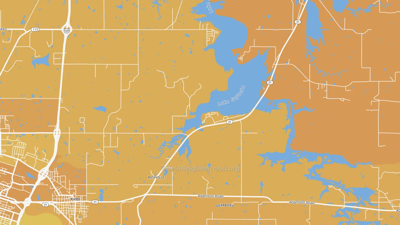 Map of the best neighborhoods in the Richville area, with better matches in green and worse matches in red
